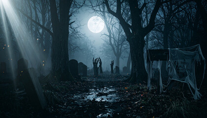 Creepy moonlit swamp graveyard with skeletal hands rising from ground and tattered gauze covered signboard, surrounded by bare trees and eerie fog at night