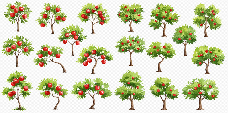 A collection of various illustrated apple trees with ripe red apples and lush green leaves on a transparent background.