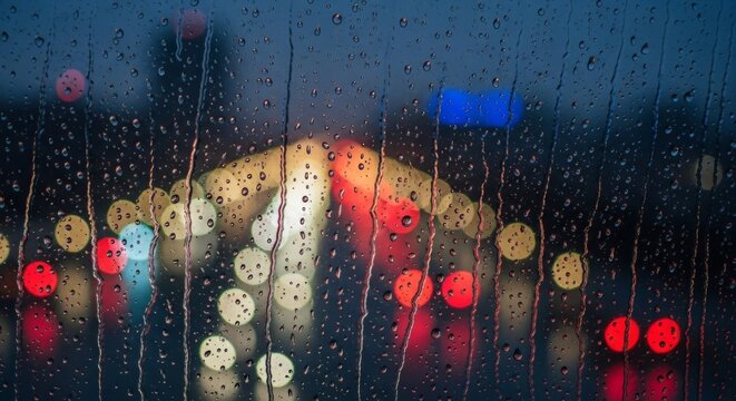 Raindrops on glass obscure city lights, creating blurred bokeh effects during a dark, wet evening.