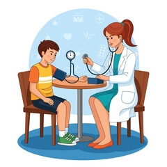 Female doctor checking boy's blood pressure, pediatric medical cartoon illustration set