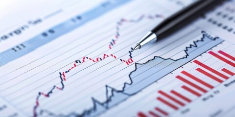 A black pen with a blue and white striped pen cap sits on a white paper with a red and blue line graph on it