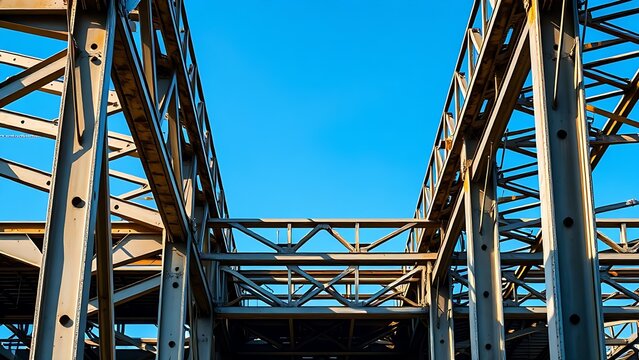 Industrial steel structure with geometric patterns, highlighting construction progress under clear skies.
