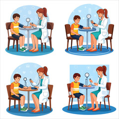 Female doctor checking boy's blood pressure, pediatric medical cartoon illustration set