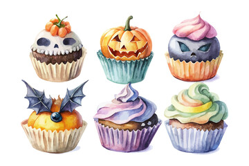 set of watercolor Halloween Cupcake vector illustration isolated on white background