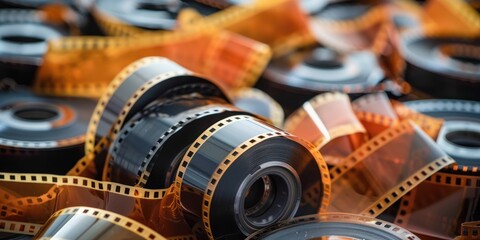 A collection of old, yellowed film rolls scattered across a dark surface, with a few pieces of orange and yellow film protruding from the rolls