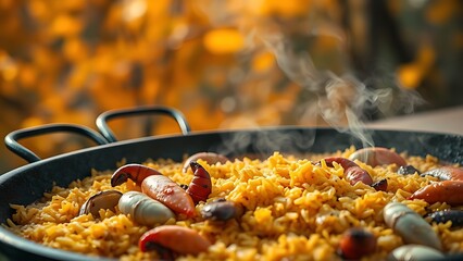 Traditional paella pan with saffron-infused rice and seafood, steam rising against autumn foliage.