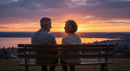 Older couple sits on a bench overlooking a lake at sunset, silhouettes glowing as they talk; tender scene of companionship, reflection and lasting love