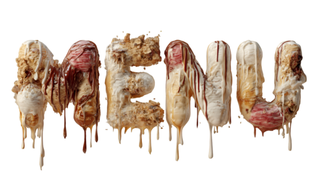 The word menu created from melting ice cream isolated on transparent background