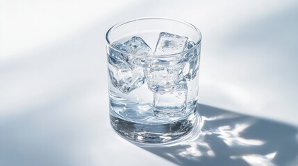 Glass of water with ice cubes on bright indoor tabletop