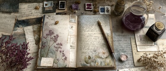 VOGELPERSPEKTIVE AUF SKIZZEN MIT FLORALEN MOTIVEN IN BLEISTIFT