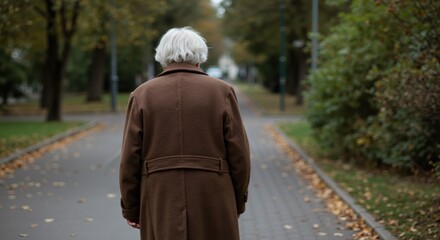 Obraz premium Elderly woman with white hair walks alone down a leaf strewn park path on a gray autumn day; quiet reflective mood of memory, distance and time