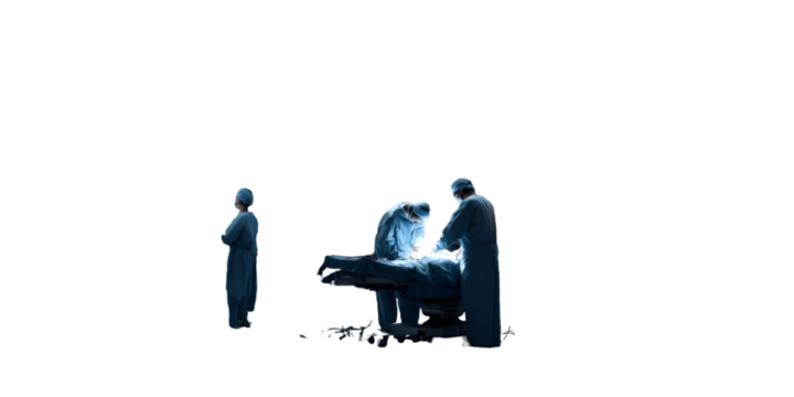 Surgical team performing an operation on a patient isolated on transparent background