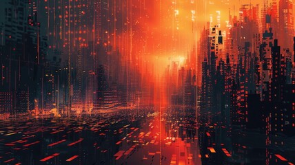 Fototapeta premium Abstract picture orange particle with digital technology style design with the coding data flow show dynamic movement represent about programming by programmer or problem solve by encryption. AIG53.