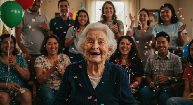 Joyful grandmother surrounded by family at a party with confetti flying; vibrant celebration of longevity, connection and community; perfect for nonprofits, family brands and event promos