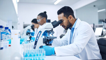 Male scientist in laboratory wearing blue gloves and white coat looking into microscope