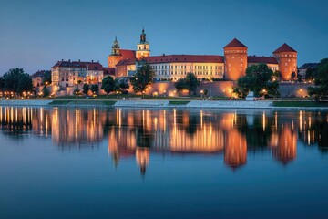 Obraz premium Palace reflected in tranquil river at twilight