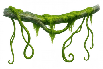 Verdant moss draping weathered branch, tangled jungle vines cascading against transparent backdrop, embodying primal forest wilderness