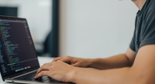 A male software developer typing code on a laptop in a modern office environment, working on a project, using dark code editor interface with highlighted syntax