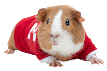 Cute Guinea Pig in Tiny Red Sports Jersey, Stretching Forward, Isolated on Transparent Background