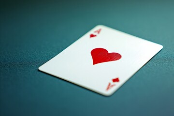 Ace of Hearts Playing Card on Teal Surface, Angled Close-up Shot