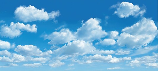 Vast expanse of a clear, sunny sky filled with fluffy white cumulus clouds