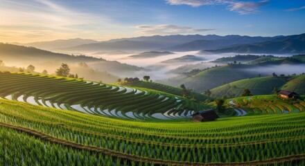 Fototapeta premium Stunning panoramic view of terraced rice fields with morning mist and distant mountains.