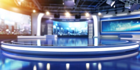 Obraz premium A modern, sleek newsroom studio with a blue and white color scheme, featuring a round stage, large screens, and a professional lighting setup