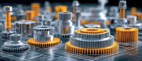 Detailed view of various metallic gears and mechanical components