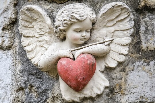 Angelic Cupid Statue Holding Heart with Arrow, Set Against Stone