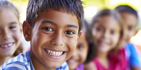 A young boy with short hair, wearing a blue and white striped shirt, is smiling and looking directly at the camera