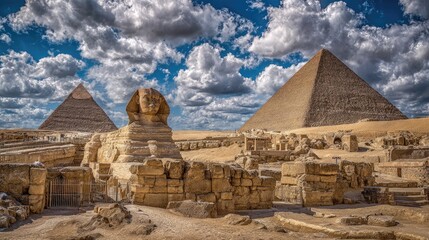 Ancient Egyptian pyramids and Sphinx. Vast desert landscape under dramatic sky