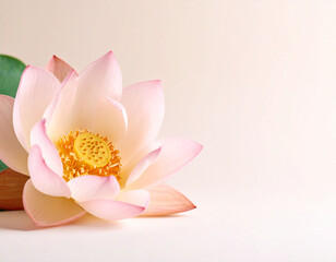 Obraz premium close-up photograph showcases a delicate pink lotus flower in bloom. The soft petals gently unfurl, revealing a vibrant yellow center. The smooth, light beige background emphasizes the flower's serene