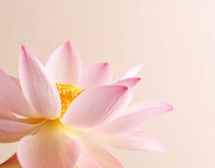 Fototapeta premium close-up photograph showcases a delicate pink lotus flower in bloom. The soft petals gently unfurl, revealing a vibrant yellow center. The smooth, light beige background emphasizes the flower's serene