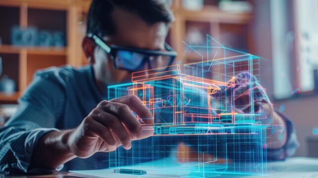 An architect sketching blueprints with a transparent AI hologram suggesting structural improvements. AIG60