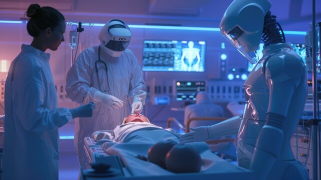 In a high-tech hospital room, a human doctor and an AI assistant perform a complex surgery. The AI, with its holographic display showing real-time patient data, guides the doctor with precision. The