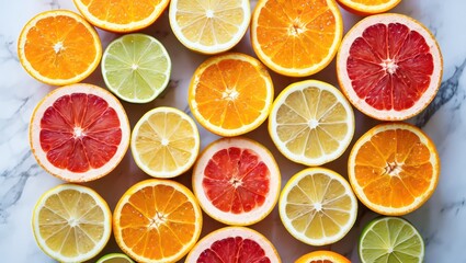 Fototapeta premium Vibrant Citrus Slices Arranged on Marble