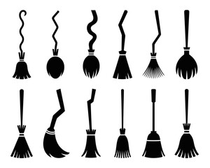 Naklejka premium Collection of various witch broom silhouettes