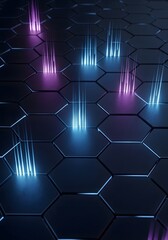 Fototapeta premium Abstract futuristic technology background with glowing hexagons and light beams.