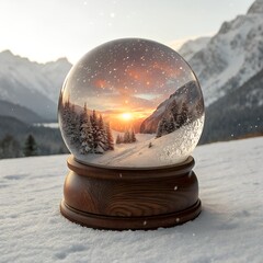 A magical snow globe capturing a serene winter mountain landscape at sunset, nestled in the snow, evoking a sense of holiday wonder and natural beauty