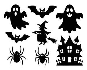 Spooky halloween icons ghost bat witch spider haunted house silhouette