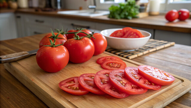 Ripe Tomatoes and tomatoes slice on cutting board on wooden table in kitchen - Powered by Adobe
