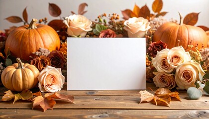 Autumnal Still Life Blank Card Mockup with Pumpkins and Roses – Perfect for Fall Invitations, Thanksgiving Greetings, or Autumnal Announcements
