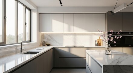 Modern kitchen interior with sleek cabinetry, marble countertops, and natural light illuminating the space.