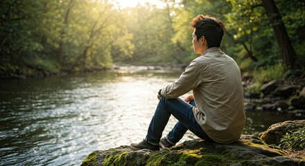 Man's quiet contemplation by calm river. Nature inspires deep contemplation