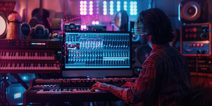 A musician in a cozy home studio with an AI assistant as a digital music sheet, providing composition and arrangement ideas. Instruments in background. AIG60