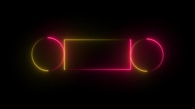 Glowing saber rectangle neon frame black background animation . Seamless Loop, Neon abstract rectangle and circle shape line animation holiday. red and yellow colour. 4k video..