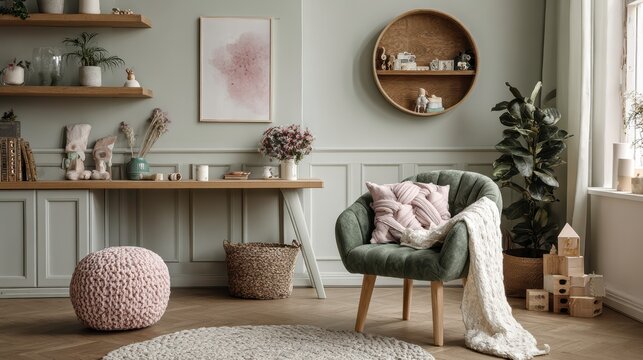Acogedora composici&oacute;n del interior de la habitaci&oacute;n de un ni&ntilde;o con estante redondo, escritorio gris, sill&oacute;n verde, pared azul, alfombra trenzada, juguetes de peluche, canasta trenzada, juguetes de bl