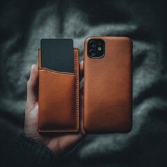 Hand holding a brown leather wallet with a card and a matching phone case