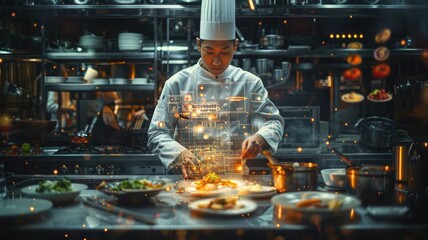 A chef in a bustling kitchen with an AI assistant as a digital recipe book providing innovative culinary techniques. Various dishes in background. AIG60