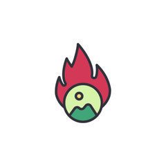 A simplified, cartoon-style illustration of a burning mountain or volcano, with green mountains, a yellow sun, and red flames.